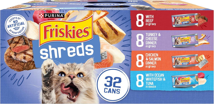 Purina  Wet Cat Food Variety Pack, Shreds with Beef, Turkey and Cheese Dinner, Chicken and Salmon Dinner, and with Ocean Whitefish and Tuna - (Pack of 40) 5.5 Oz. Cans