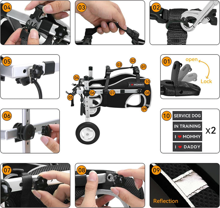 Dog Wheelchair for Back Legs,Adjustable Lightweight Aluminum Profile Pet Wheel Chair Has Added Hand-Carrying Assistance and Reflective Functions for Small Dogs and Cats