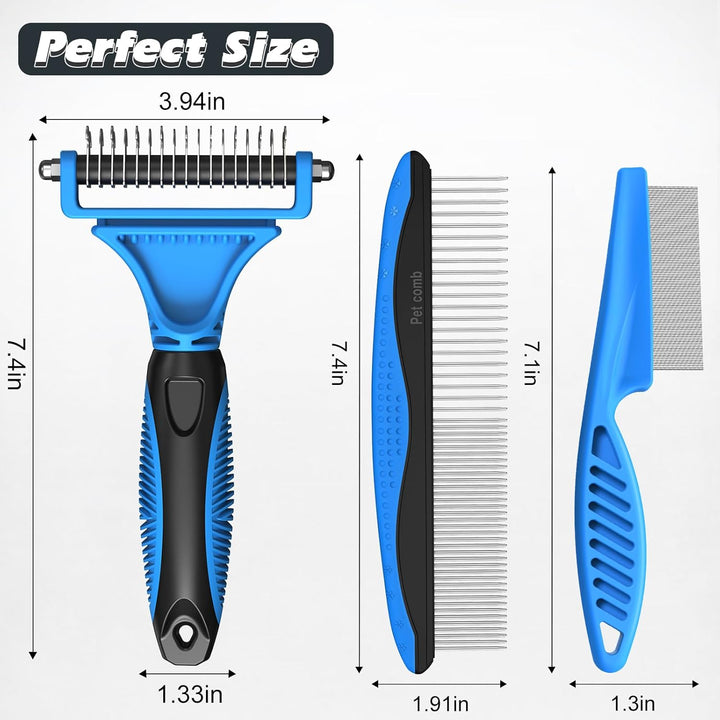 3PCS Pet Grooming Rake & Metal Comb & Flea Comb for Cats and Dogs, Double-Sided Dematting Tool, Extra-Wide Deshedding Dog Brush for Long Hair to Effectively Remove Tangles, Knots and Mats (Blue)