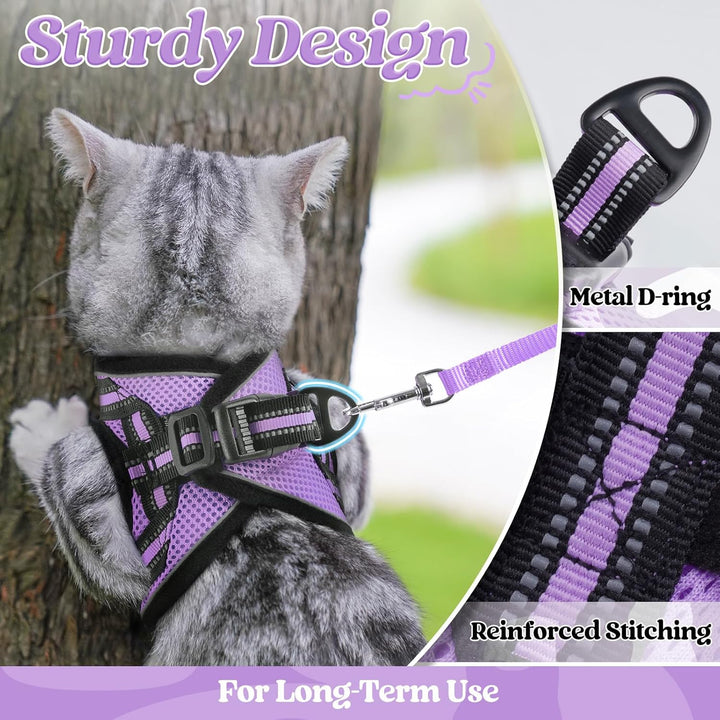 Cat Harness and Leash Set for Walking Escape Proof, Adjustable Soft Kittens Vest with Reflective Strip for Cats, Comfortable Outdoor Vest, Light Purple, S