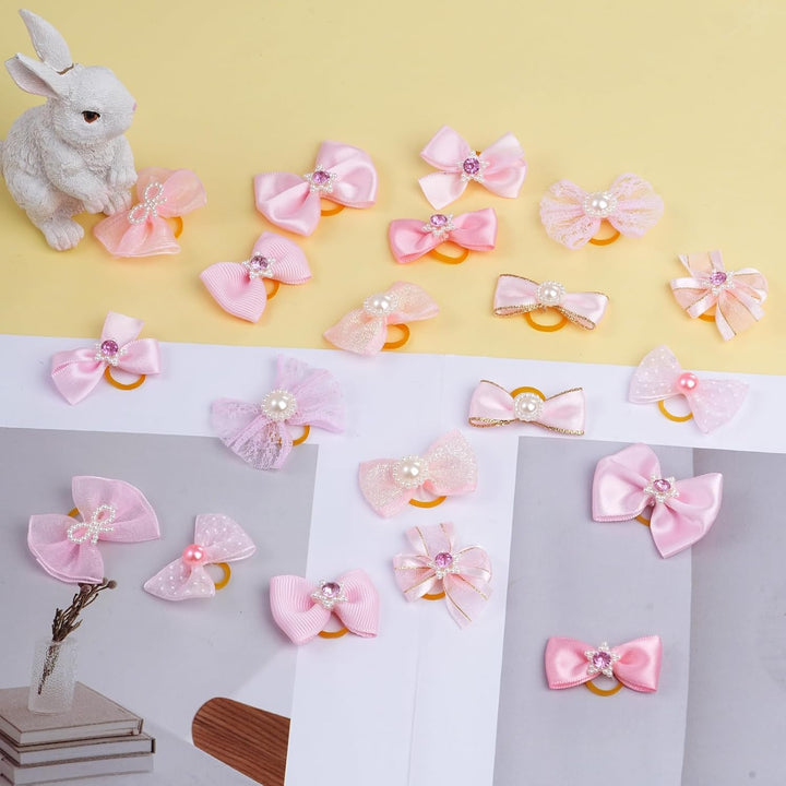 20 PCS Cute Dog Hair Bows with Rubber Bands Elastic Handmade Mix Style Lace Rhinestone Pearls for Furry Puppy Cat Pet Girl, Pink