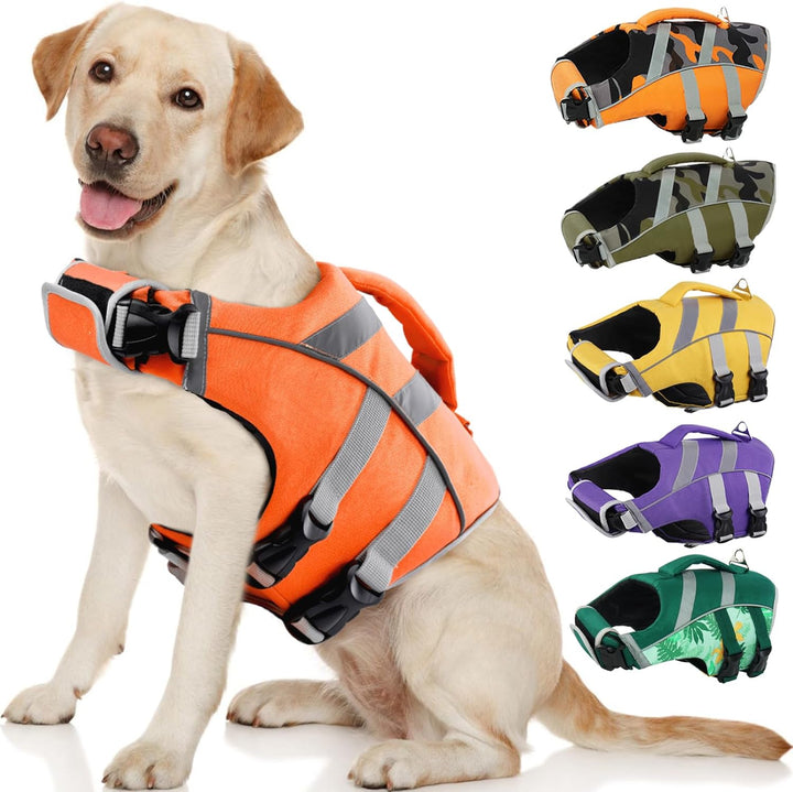 Dog Life Jacket with Reflective Stripes - Adjustable High Visibility Vest, Ripstop Lifesaver, Pet Preserver with High Flotation Swimsuit for Small, Medium and Large Dogs