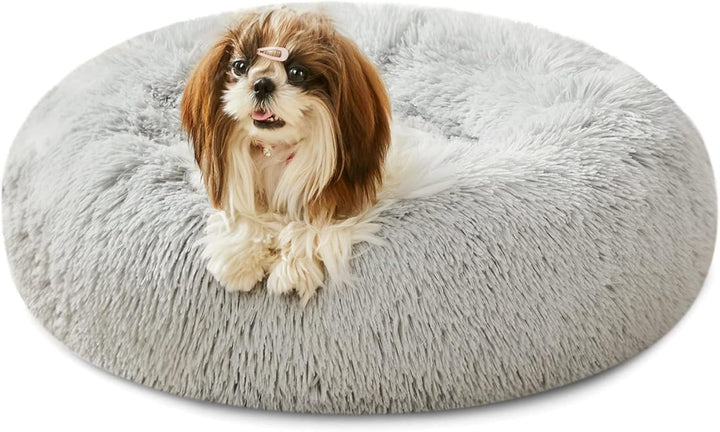 Calming Soft round Dog & Cat Bed, Anti-Anxiety Donut Cuddler Warming Cozy Fluffy Faux Fur Plush Cushion Bed for Small Medium Dogs and Cats (20"/24"/27"/30"), Light Grey