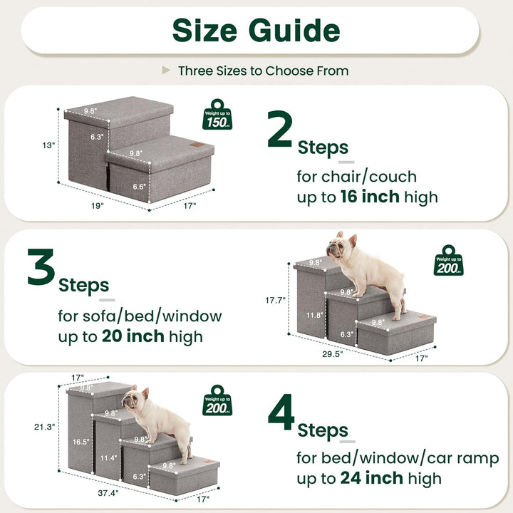 Dog Stairs for High Bed 18"H,Foldable Pet Stairs for Small Medium or Large Dogs Puppy with Storage for Bed or Couch, Cat Dog Steps Ramp with Zip up to 200 Lbs(Solid Grey,3 Steps No Condo)