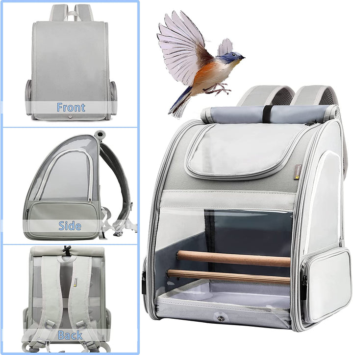 Bird Carrier Backpack - Pet Travel Cage with Upgraded Tray and Standing Perches, Breathable & Portable, for Small Birds, Green Cheek, Cockatiel, Parrot (Grey)