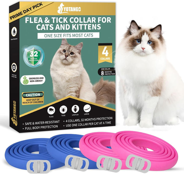 4 Pack Flea Collar for Cats, 32 Months Flea and Tick Prevention for Cats, Waterproof Cat Flea Collar, Natural Cat Flea and Tick Treatment, Adjustable Flea and Tick Collar for Cats Kittens(Blue&Pink)
