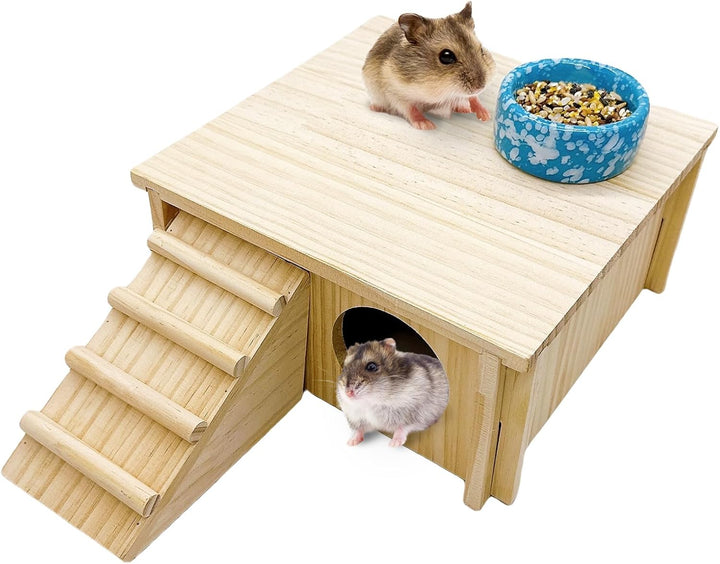 Wooden Hamster Hideout Hamster Wood House with Ladder Hides Platform Decor Detachable Small Animals Cage Accessories for Rat Gerbils and Other Small Pets