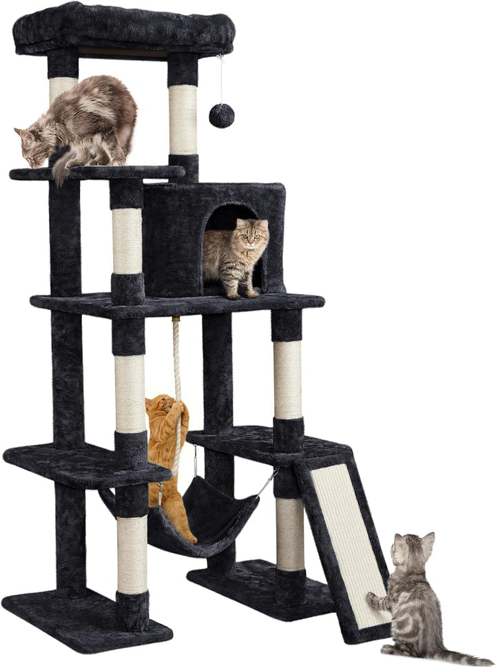 Large Multi-Level Cat Tree, 63 Inches Tall with Sisal-Covered Scratching Posts, Condo, Hammock, Dangling Ball, and Extended Platform for Cats to Play and Sleep