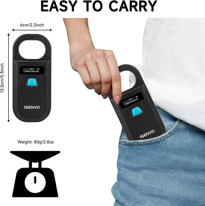 Pet Microchip Scanner Rechargeable RFID EMID Micro Chip Reader Scanner 134.2Khz 125Khz 15 Digits Pet Chip ID Scanner for Animal/Pets/Pigs/Dogs/Cats (190A)