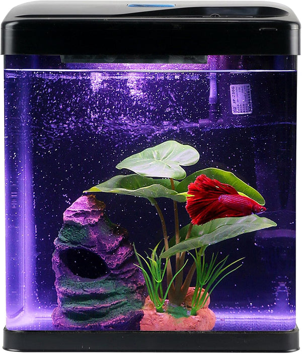 Betta Fish Tank Self Cleaning Glass 2 Gallon Small Nano Aquarium Starter Kits Desktop Room Decor W/Led Light Decorations & Whisper Filters Water Pump (Fish Tank)