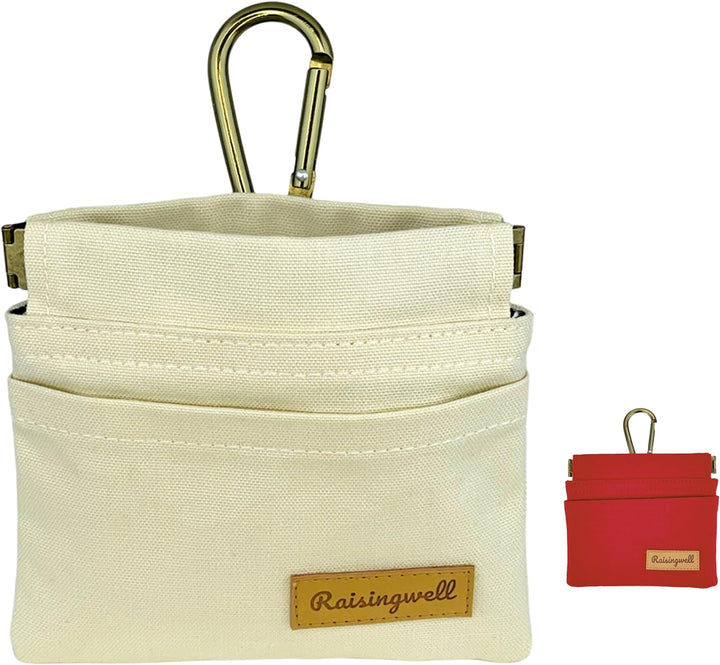 Dog Treat Pouch, Green Pocket Sized Pet Training Pouch, Cotton Fabric, Hand Free Dog Walking Bag with Carabiner, Self-Closing Pet Feed Snack Reward, for Puppy Travel or Outdoor Use