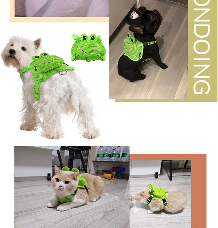 Dog Backpack Harness, No-Pull Dog Backpack with D-Ring for Small Medium Dogs, Cute Self Carrier Backpack for Dogs to Wear, Adjustable Doggy Backpacks for Traveling Camping Hiking, Frog, M