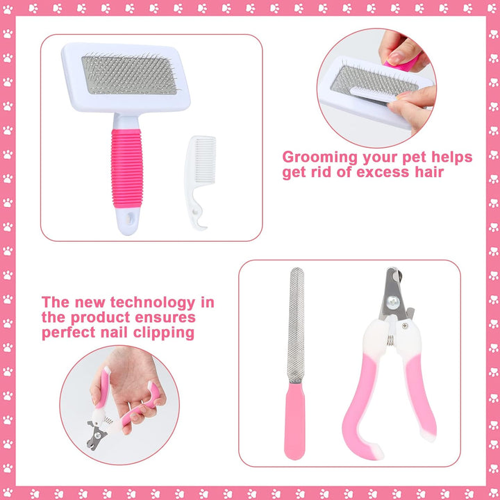 Pink Small Animal Grooming Kit with Nail Clipper, Flea Comb, Shampoo Brush, Slicker Brush, Massage Glove for Rabbits