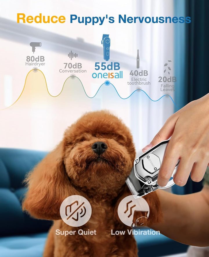 Dog Clippers for Grooming for Thick Heavy Coats/Low Noise Rechargeable Cordless Pet Shaver with Stainless Steel Blade/Waterproof Dog Shaver for Dogs Pets and Animals (Sliver)