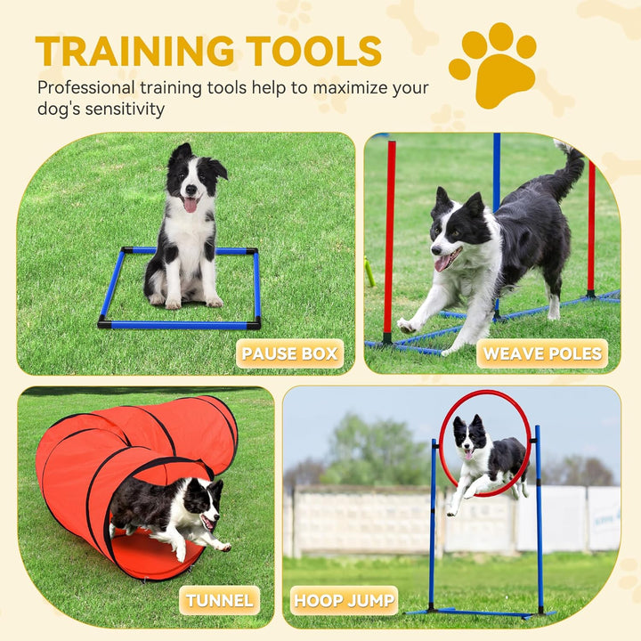 Dog Agility Accessories Kit: Comprises of a Teaser Pole, 2 Hurdles, 3 Flying Discs, 6 Weaving Poles, Agility Tunnel, Pause Box, Full Set of Agility Equipment for Backyard Indoors Outdoors