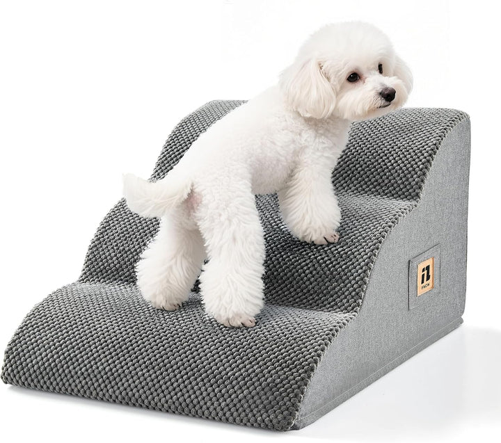 Dog Stairs for Small Dogs 15.7''H, 4-Step Sturdy Dog Steps for Bed, Couch, Sofa, Waterproof Pet Stairs for Older Cats, Puppy, Removable Washable Cover, Non-Slip Curved Pet Ramp Indoor, Grey