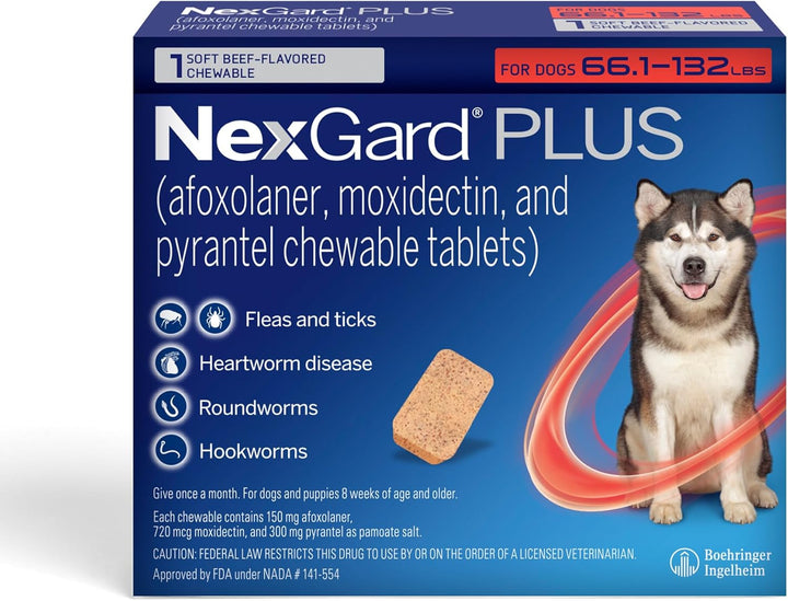 plus (Afoxolaner, Moxidectin, and Pyrantel) Flea and Tick Protection & Heartworm Preventive for Dogs Soft Beef Flavored Chewables, 33.1-66 Lbs. (Purple) 6 Chews (6 Month Supply)