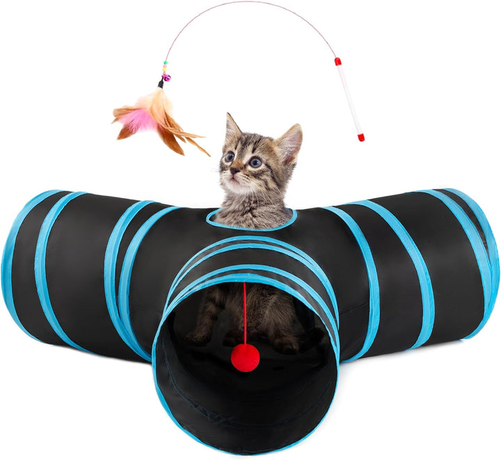 Cat Tunnel Tube Toys 3 Way Collapsible, Cat Tunnels for Indoor Cats，Kitten Tunnel Bored Pet Play Tunnel with Peek Hole Toy Ball for Kitty, Kitten, Rabbit, Puppy Blue