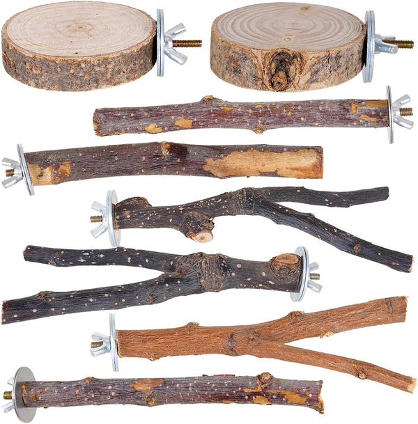 8 Pieces Bird Perch Natural Wooden Parrot Perch Stand Fork Toys Hanging Multi-Branch Perches Platform Hammock Swing Toy for Macaws, Small Parakeets, Conures, Budgies, Finches (A-Color, Mix)