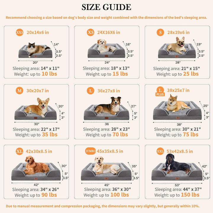 Orthopedic Dog Bed for Extra Large Dogs 42X30 Inch, Waterproof Supportive Egg Crate Foam XL Pet Bed with Removable Bolsters, Dog Couch with Washable Cover & Non-Slip Bottom, Grey