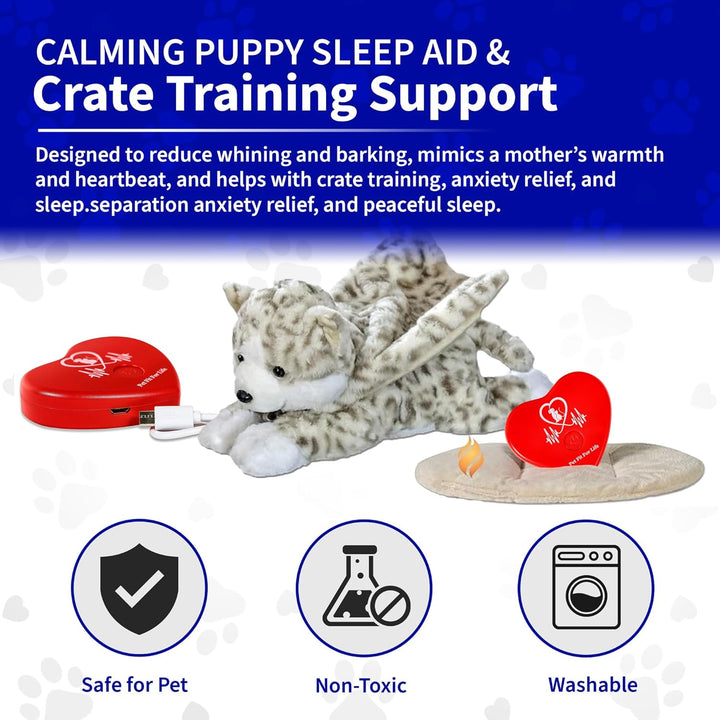 Stuffed Animal for Cats - Calming Sleep Aid with USB Rechargeable Heart Beat & Heat Pack for Anxiety Relief - Huggable Kitty Soother, Original Cuddle Plush Toy for Crate Training