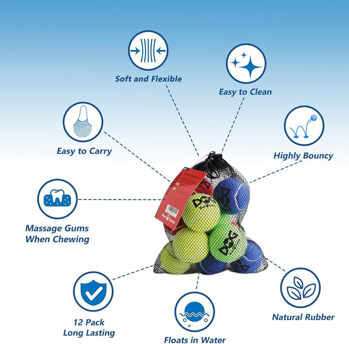 Tennis Balls for Dogs - 12 Pack 2.5'' Durable Non-Toxic Outdoor Dog Toys Balls with Mesh Bag, SGS Certified, Colorful Fetch Toys, Medium Large Breeds (Non Squeaky)