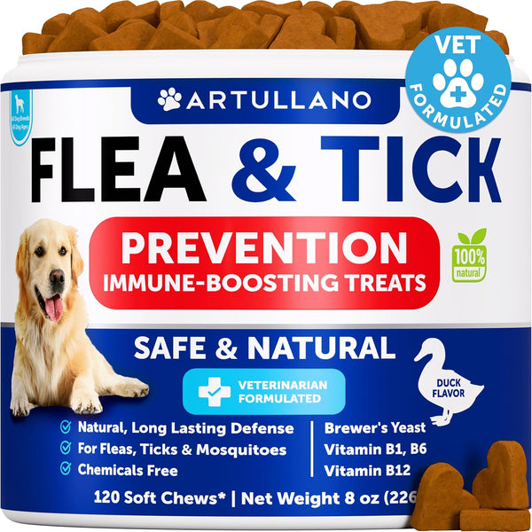Flea and Tick Prevention for Dogs Chewables - Natural Flea Treatment Control - Supplement for Large & Small Dogs with Vitamins - Immune Support Chews - Puppy Pest Defense Oral Pills - 120 Soft Treats