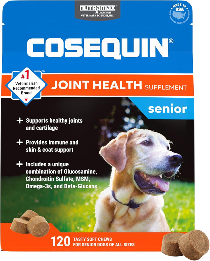 Nutramax Cosequin for Senior Dogs Joint Health Supplement, Contains Glucosamine for Dogs, Chondroitin, MSM, Omega-3S and Beta-Glucan, Supports Joint, Skin and Coat, Immune Health, Soft Chews, 60 Count