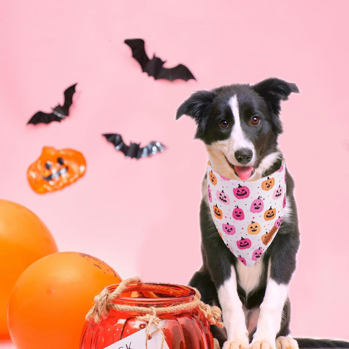 Halloween Dog Bandana, Pink Pumpkin Ghost Pet Scarf, Premium Durable Fabric, Adjustable Fit Female Halloween Bandanas for Medium Large Dogs Pets (Large)