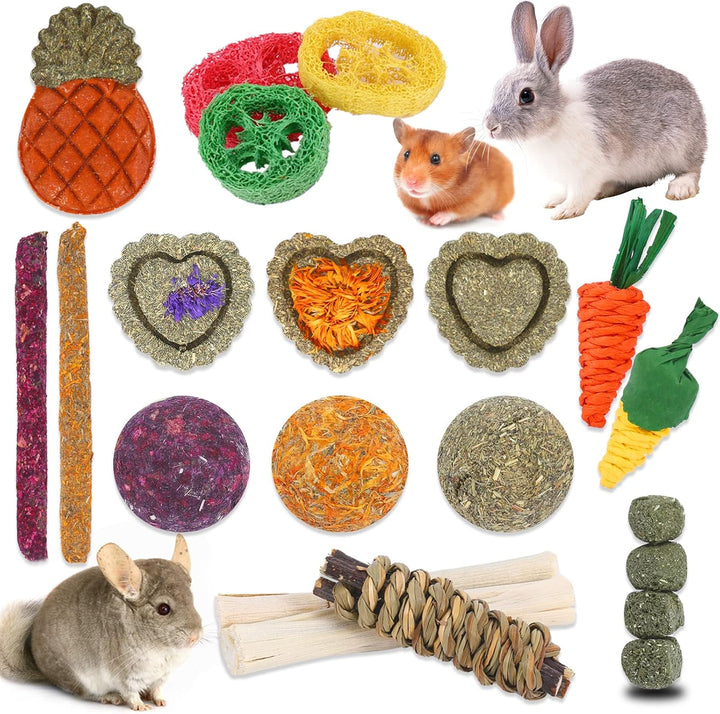 52Pcs Rabbit Chew Sticks, Guinea Pig Toys, Natural Timothy Grass Molar Teeth Stick, Mixing Flowers, Roses, Calendula and Forget Me Not, Small Animals Treats