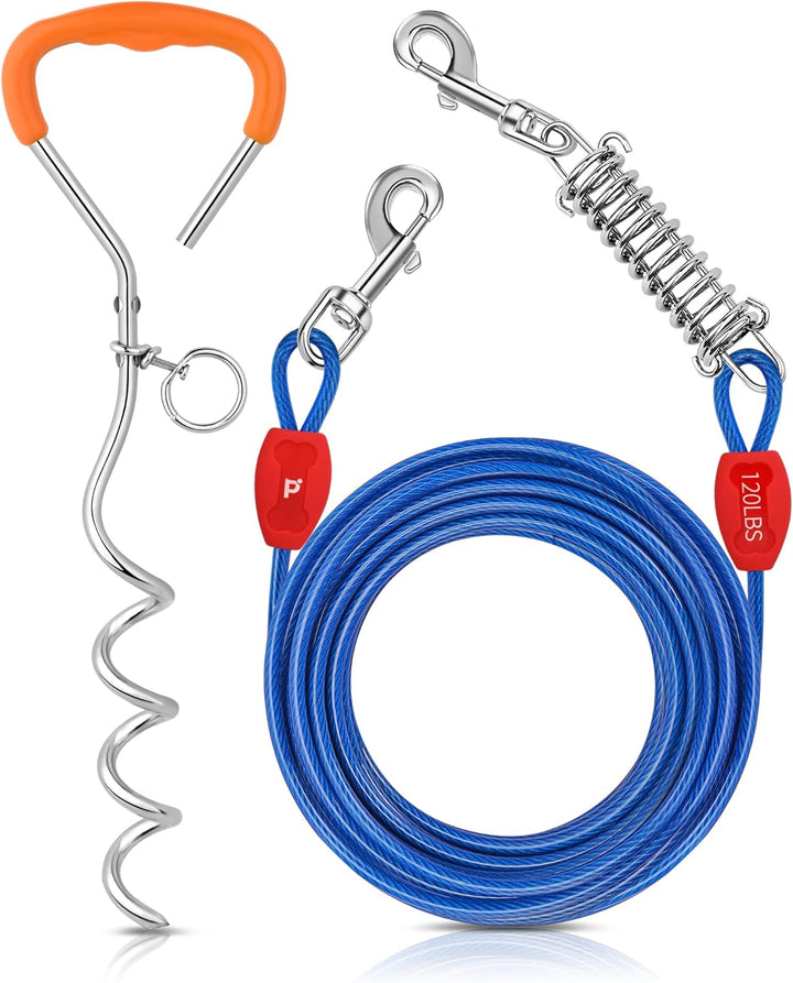 Dog Tie-Out Cable and Stake - 30Ft Heavy Duty Cable with Spring, No Tangle, 16In Ground Stake, Ideal for Yard, Camping and Beach, Suitable for Small Medium Large Dogs up to 120 Lbs, Blue