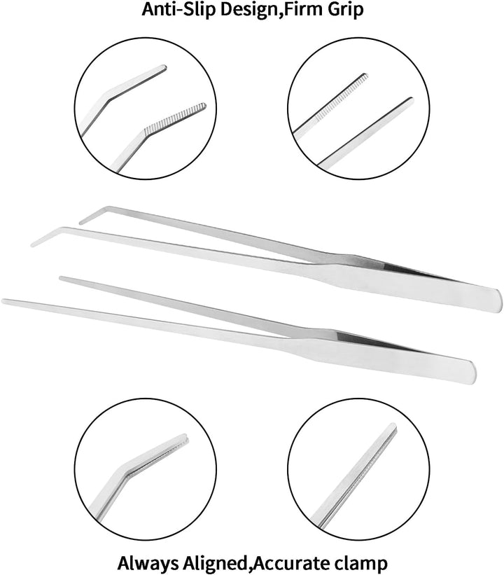 2PCS Long Aquarium Tweezers - 10.6" Straight and Curved Tweezers, Stainless Steel Reptile Feeding Tongs, Terrarium Aquascape Tools Feeder for Lizards, Bearded Dragon Snake Tank Accessories