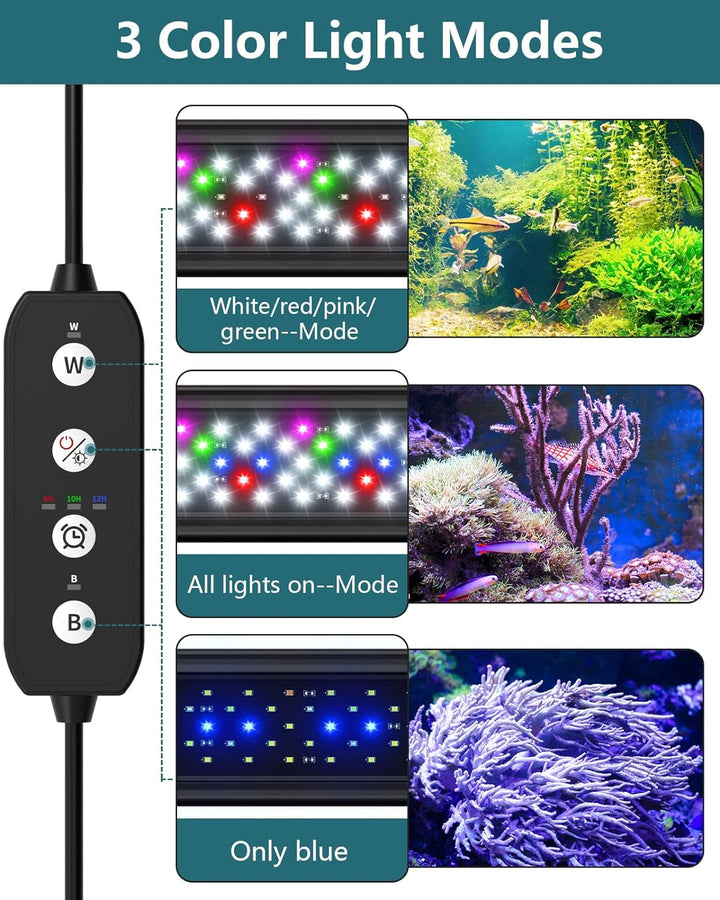 Led Aquarium Light for Plants-Full Spectrum Fish Tank Light with Timer Auto On/Off, 18-24 Inch, Adjustable Brightness, White Blue Red Green Pink Leds with Extendable Brackets for Freshwater