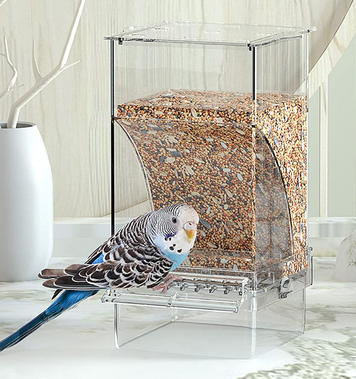 No Mess Bird Feeder Water Dispenser Set, Automatic Parrot Feeder Cage Accessories, Clear Parakeet Seed Container Food Drinker for Cage, Cockatiel Finch Lovebirds Budgies Canary (Blue)