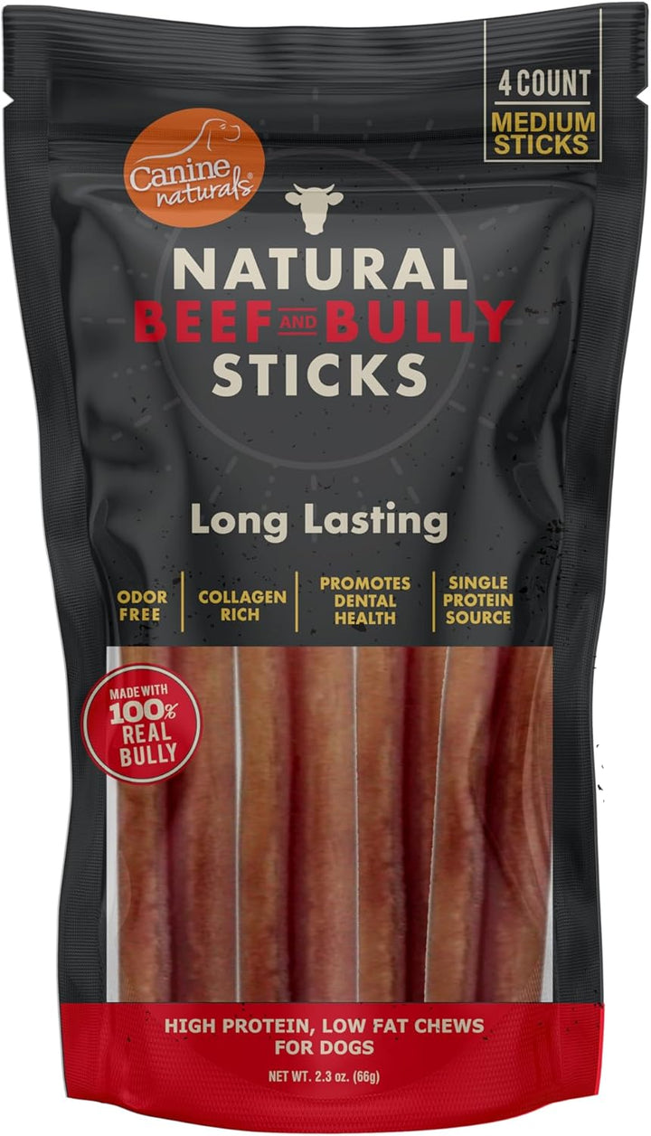 | Natural Beef & Bully Sticks | Long-Lasting, Odor Free, High Protein Chews Made with 100% Real Bully | 4 Count Medium Sticks