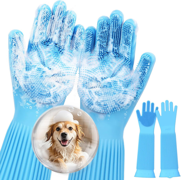 Pet Grooming Gloves - Heat Resistant Silicone Gloves with High-Density Teeth, Enhanced Five Finger Design for Bathing and Massaging Dogs and Cats, Blue