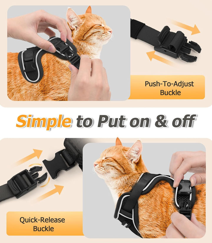 Cat Harness and Leash Set - MAX Safety 4Th-Gen Upgrade, Escape Proof, Adjustable, Comfortable Soft Vest, Easy to Wear Kitten Harness with Reflective Strip for Cats Walking - Small Black