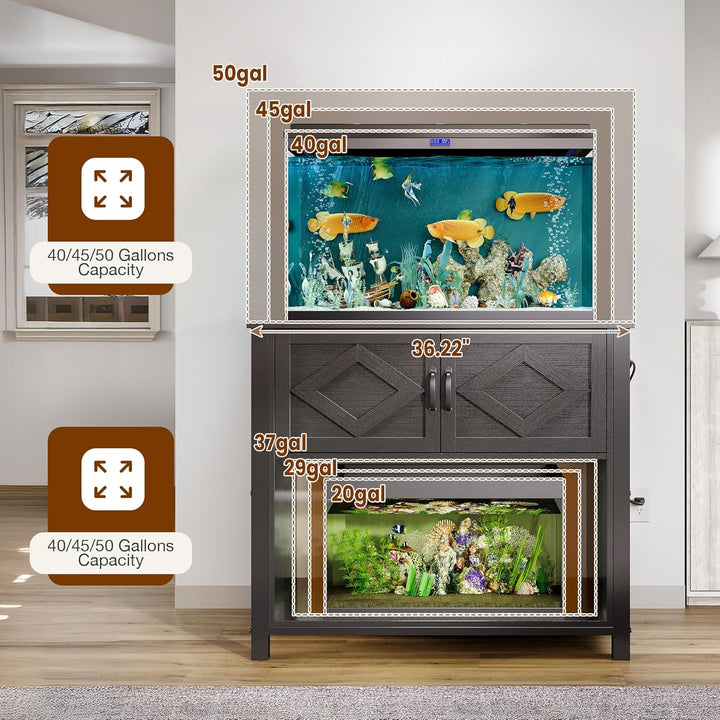 40-50 Gallon Fish Tank Stand with Power Outlets, 660LBS Capacity Heavy Duty Metal Aquarium Stand, Double Fish Tank Stand Table with Cabinet