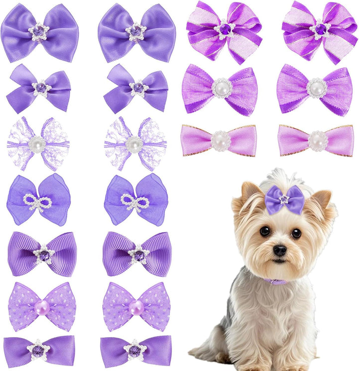 20 PCS Cute Dog Hair Bows with Rubber Bands Elastic Handmade Mix Style Lace Rhinestone Pearls for Furry Puppy Cat Pet Girl, Pink