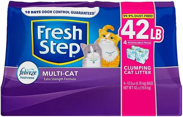 Freshstep Extra Strength Multi-Cat Scented Clumping Litter W/Febreze Scent Cat Litter, 4 Pack 42 Lbs, GRAY