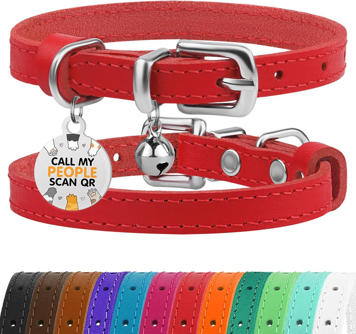 Leather Cat Collar with Removable Bells Non Breakaway Kitten QR Tag for Girl Boy (7" - 9" for Cats, Black & Gold)
