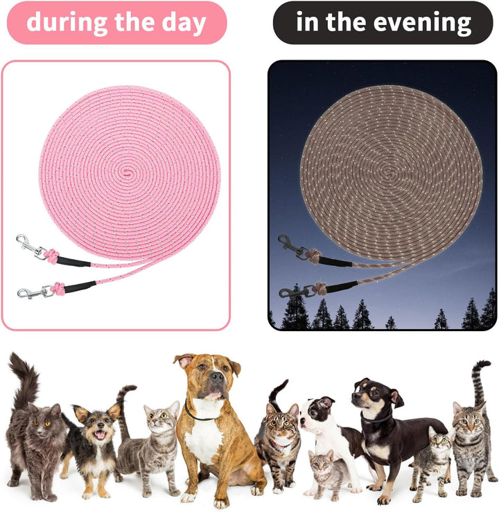 Reflective Cat Long Leash 15 FT Escape Proof Walking Leads Yard Long Leashes Durable Safe Personalized Extender Leash Traning Play Outdoor for Kitten, Puppy, Rabbit and Small Animals(Pink-S)