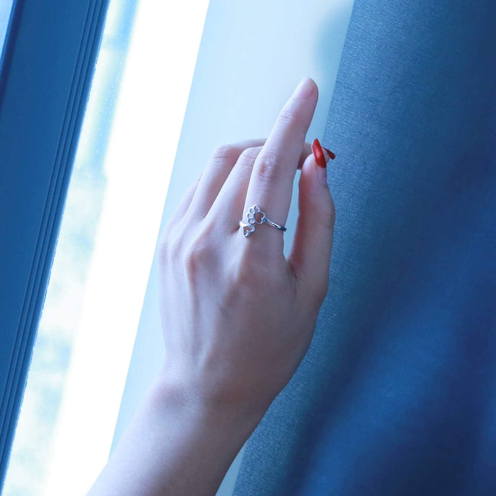 Puppy Lovers Paw Print Heart 925 Sterling Silver Adjustable Ring - Pet Animal Jewelry Creative Pierced Love Dog Cat Claw Ring - Gift for Pet Loving Friends and Families