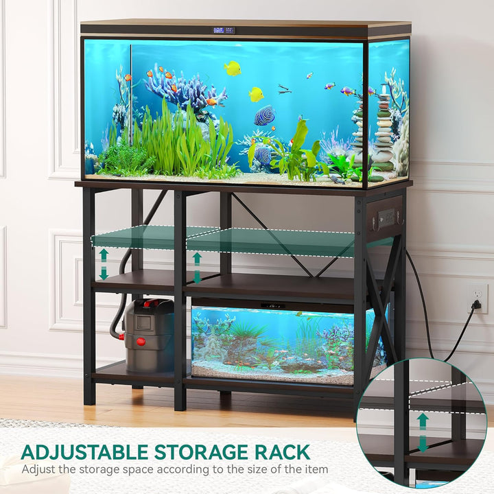 40-50 Gallon Fish Tank Stand with Power Outlet, 40X18 Inch Metal Aquarium Stand with 3-Tier Adjustable Storage Shelves and Hooks, 700LBS Capacity, Black