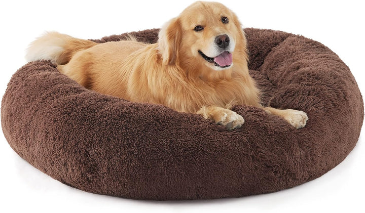 Calming Dog Bed Medium Size Dog - Donut Washable Medium Pet Bed, 30 Inches Anti-Slip round Fluffy Plush Faux Fur Cat Bed, Fits up to 45 Lbs Pets, Camel