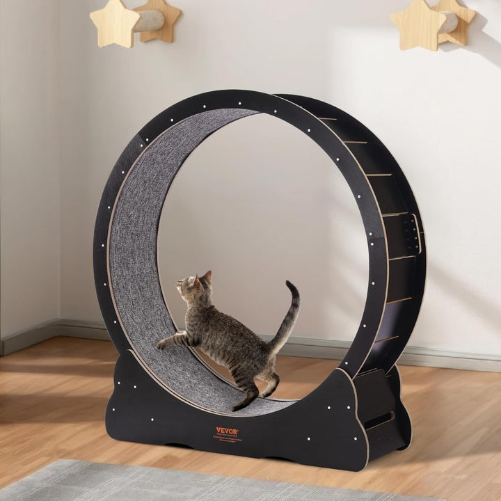 Cat Exercise Wheel, 43.3" Large Treadmill for Indoor Cats, Running Wheel with Detachable Carpet & Teaser for Running/Walking/Training, Suitable for Most Cats Black