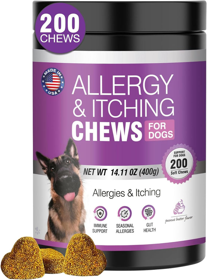 Dog Allergy Chews 200Pcs - Dog Allergy and Itching Skin Relief anti Itch Aller Immune Bites for Dogs Itching Licking Paws Treatment Relief Itchy Chew Probiotics Vitamins for Skin and Coat Allergies
