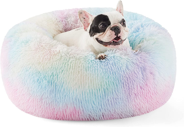 Calming Dog Bed Medium Size Dog - Donut Washable Medium Pet Bed, 30 Inches Anti-Slip round Fluffy Plush Faux Fur Cat Bed, Fits up to 45 Lbs Pets, Camel
