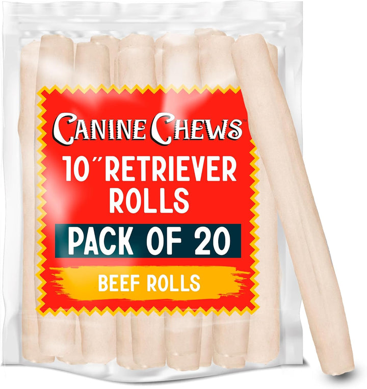 10-11" Rawhide Bones for Large Dogs, Durable USA Beefhide Dog Rawhide Chews, Retriever Rolls 20 Pack (5 Lbs)