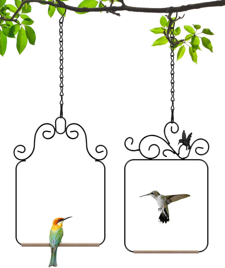 Hummingbird Swings and Perches Metal Frame 2 Pack, Wild Bird Swing Outdoor Bird Perch with Wooden Dowel and 2 Hanging Chain for Hanging Indoor, Outdoor, Trunk, Lawn, Patio, Garden (Black)